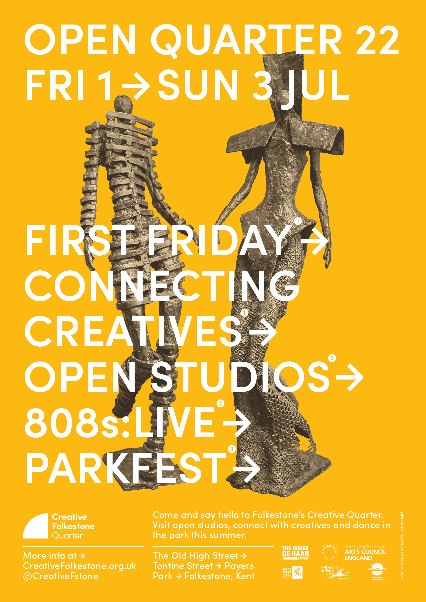 Open Quarter 22 A3 poster: white type on yellow with two bronze sculptures of figures