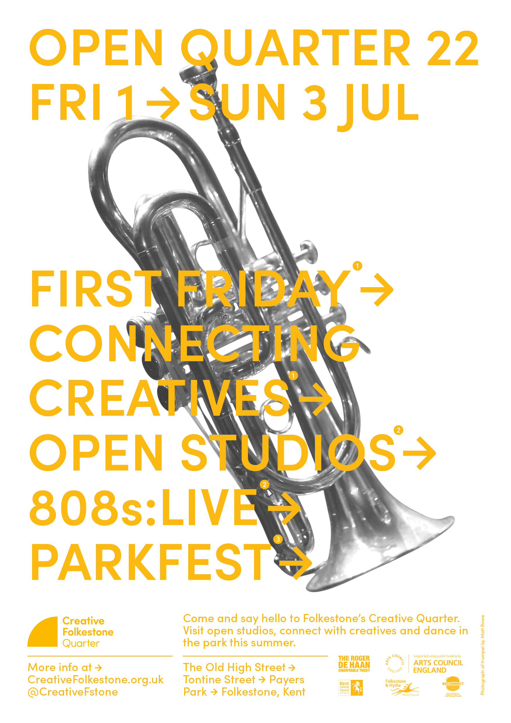 Open Quarter 22 A3 poster: yellow type on white over a monochrome photograph of a trumpet