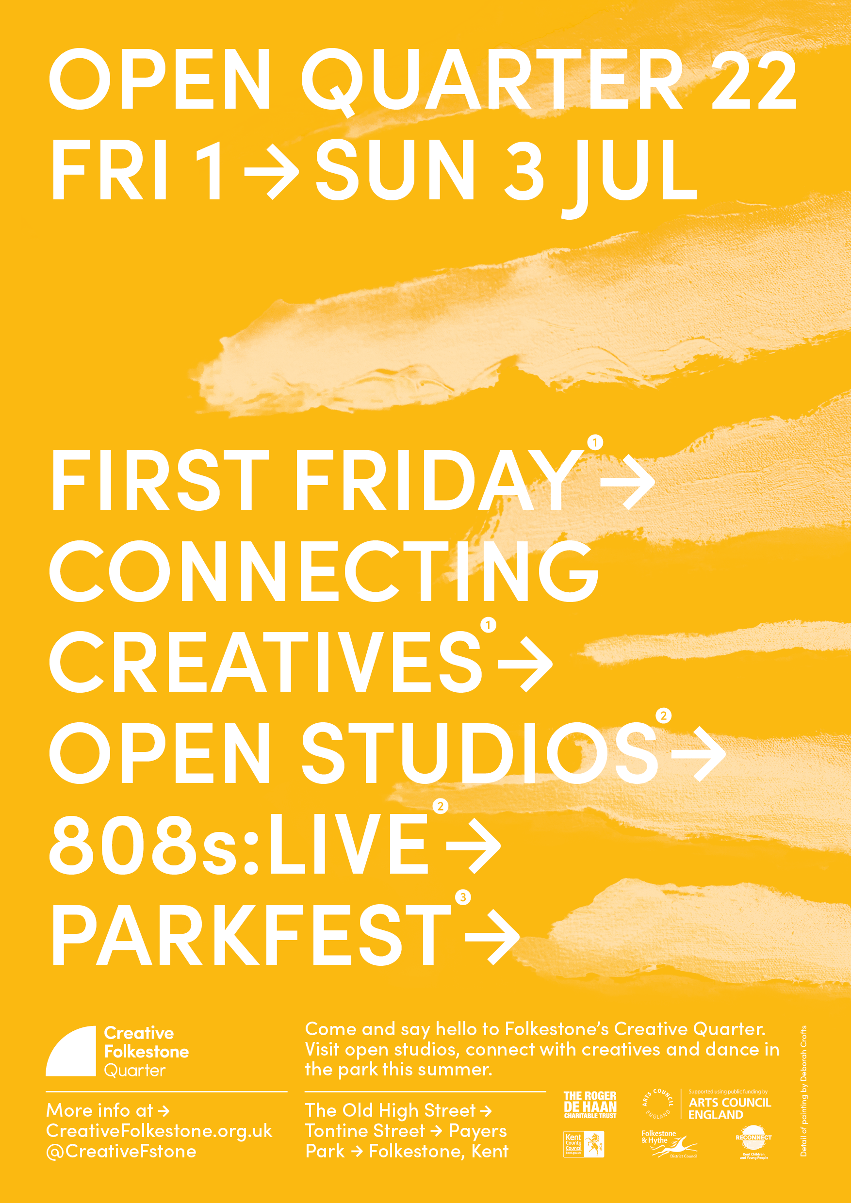 Open Quarter 22 A3 poster: white type on yellow with a detail of thick pale brushstrokes