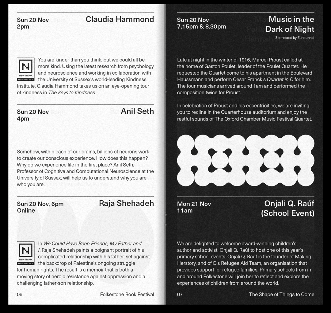 A spread from the Book Festival programme listing Sunday 20 November events, one page white and one black, with a bold graphic of stretched circles