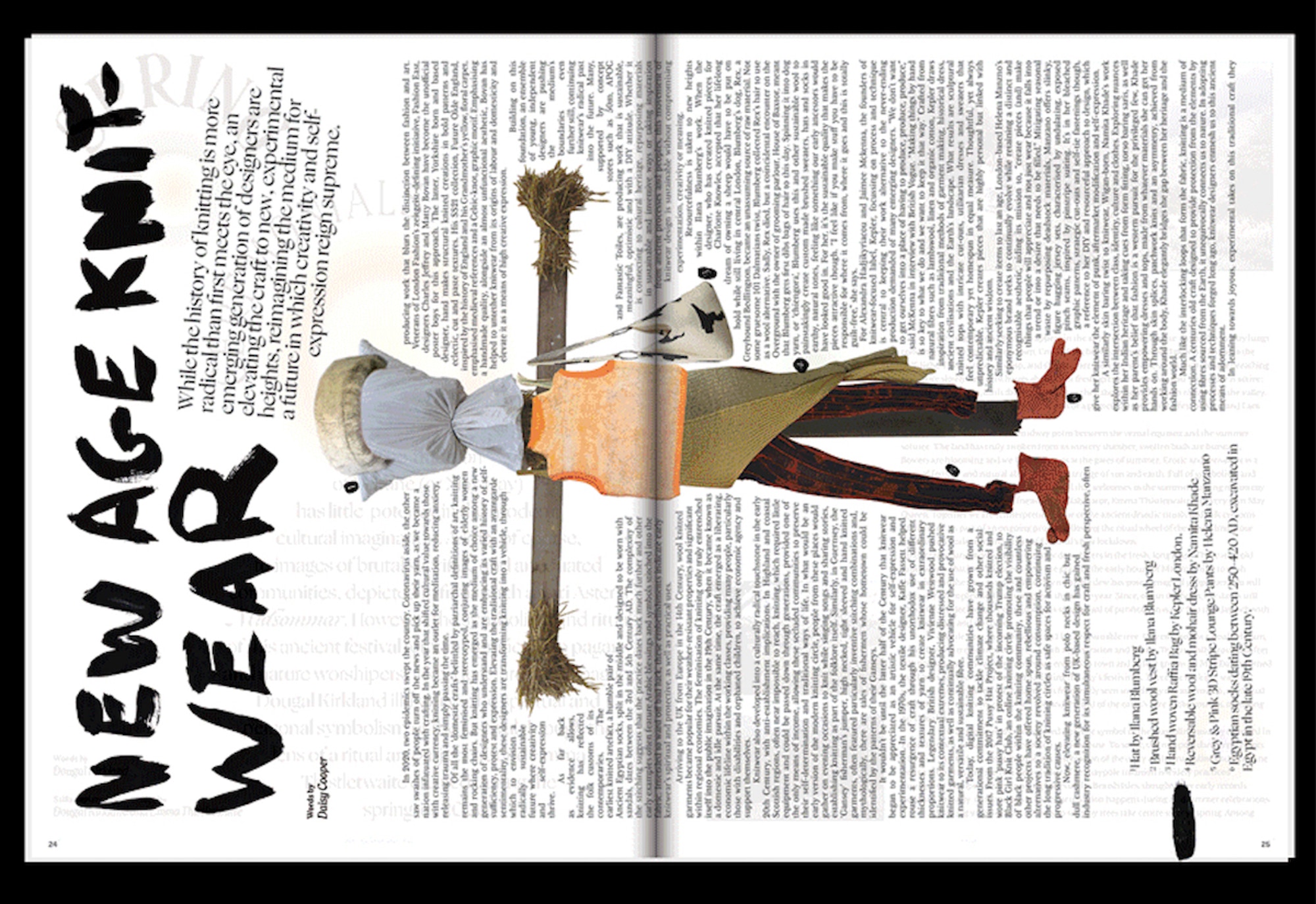 A spread from Erdkind magazine headed 'New Age Knit Wear', with brush-lettered type and a collaged scarecrow figure dressed in knitwear