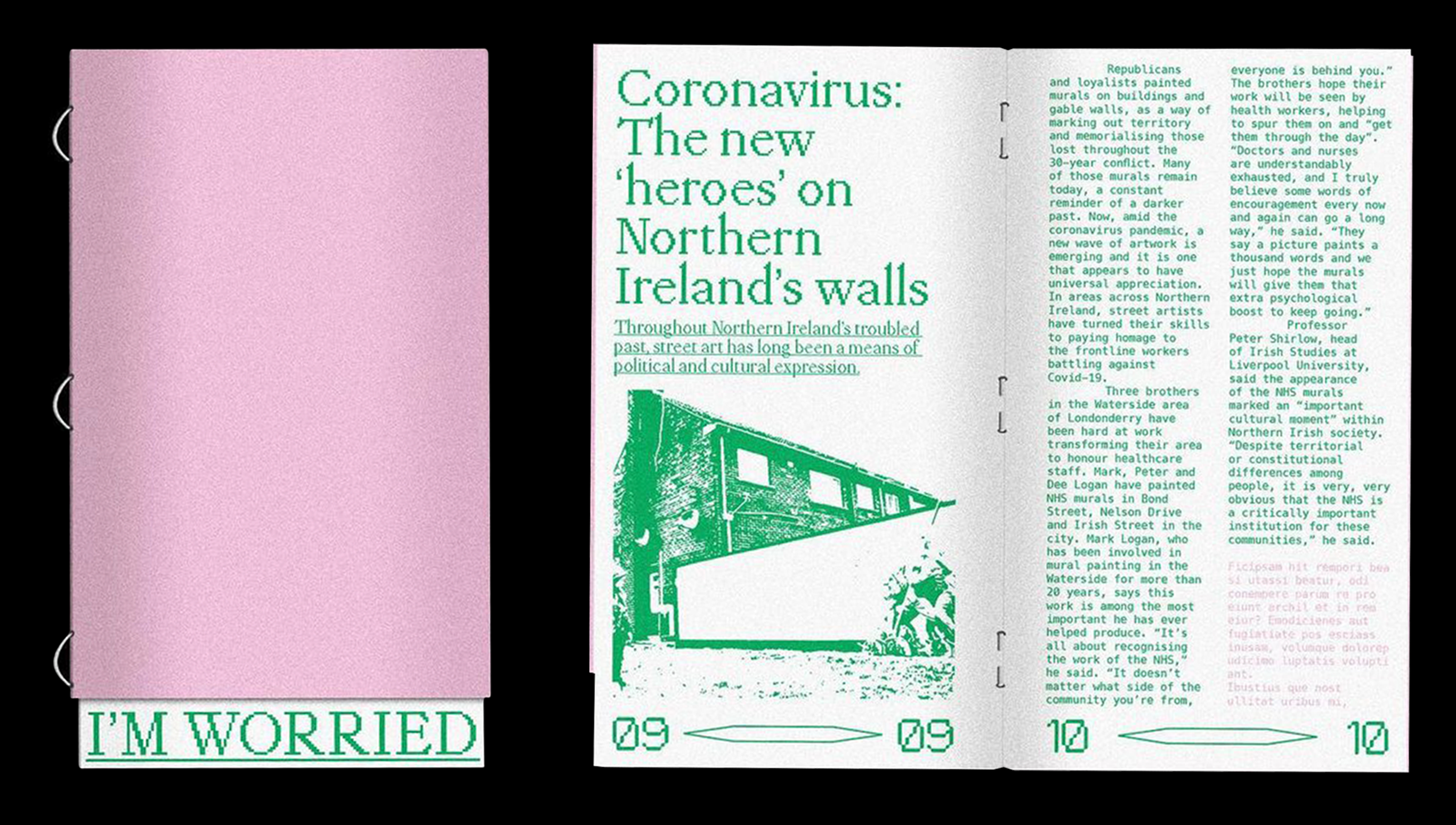 I'm Worried, a research zine on the early Coronavirus pandemic: a pink stitched cover beside an open spread in green type about NHS murals in Northern Ireland